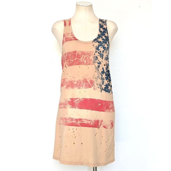 NWT Rockstar Sushi Cream American Flag Distressed Racerback Mini Dress Tunic - Picture 2 of 7